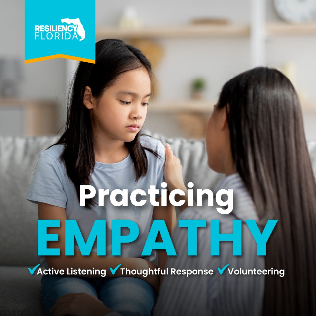 EducationFL's tweet photo. As we focus on empathy this month, here are some great skills to practice with your child:

👂🏻Actively listening

🗣️Responding with empathy

📋Volunteering together as a family

Looking for additional resources on empathy? https://t.co/3L0rhdHTRb

#BuildResiliency https://t.co/wiiCRDagCW