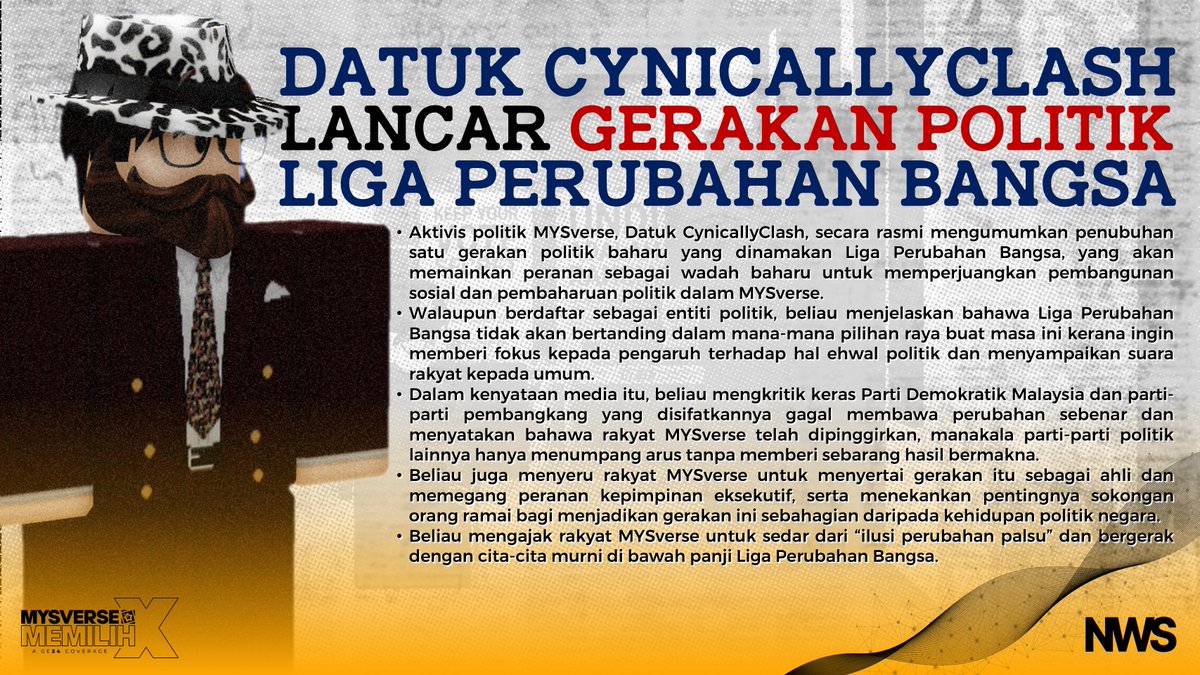 Aktivis politik MYSverse, Datuk CynicallyClash mengumumkan penubuhan Liga Perubahan Bangsa, sebuah gerakan politik baharu yang berfokus kepada pembangunan sosial dan pembaharuan politik dalam MYSverse.

drive.google.com/file/d/1gB1rKf…