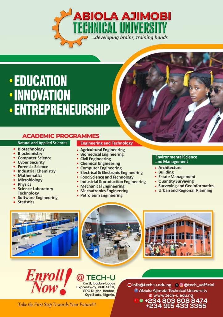 2025/2026 admissions are open. Apply for admission now! Visit tech-u.edu.ng to apply! Your future begins here! #AdmissionsOpen