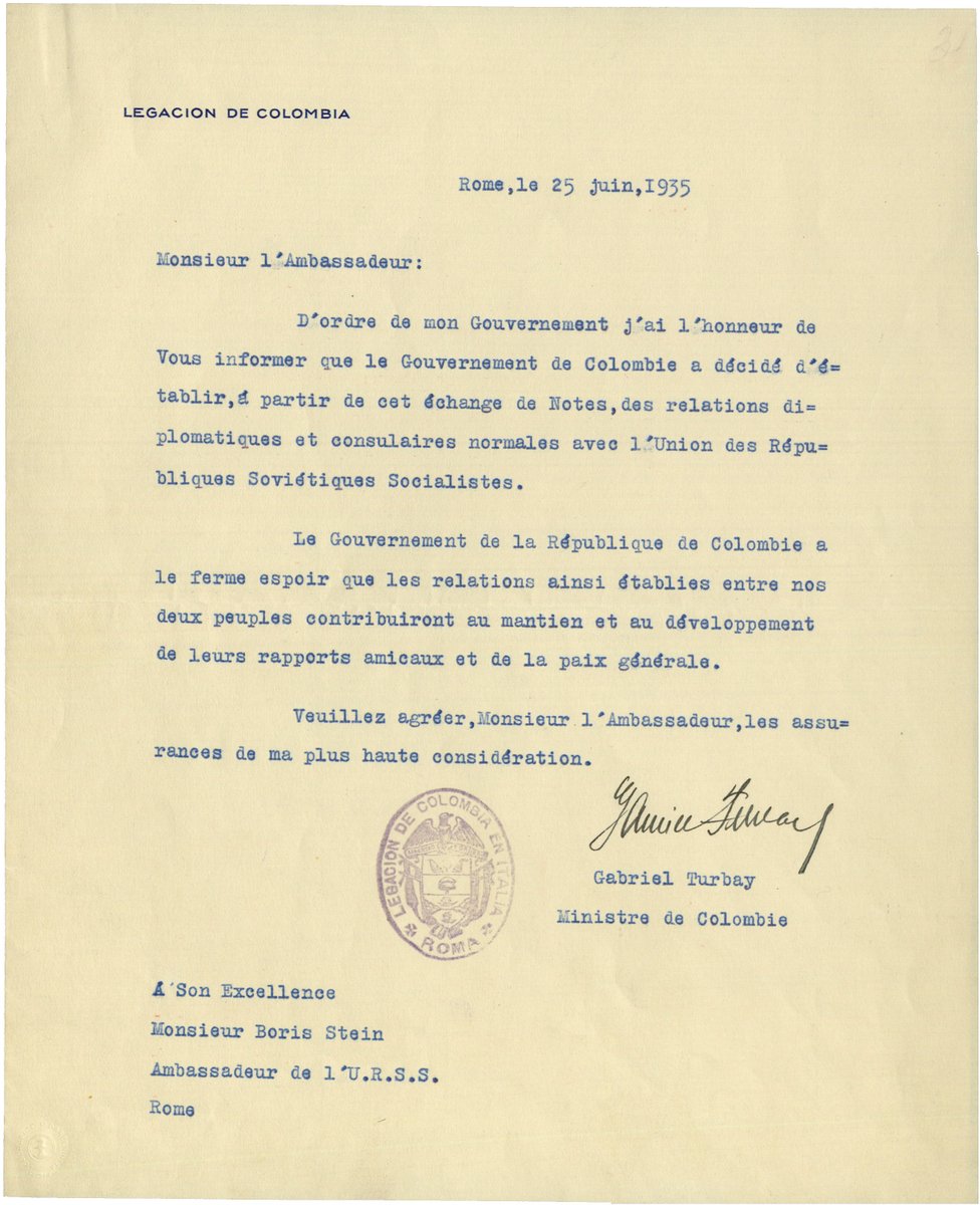 🎉 ¡9️⃣0️⃣aniversario de los lazos diplomáticos entre Rusia y Colombia!

🇷🇺🤝🇨🇴Hoy, el 25 de junio, se cumplen exactamente 90 años desde que se establecieron oficialmente las relaciones diplomáticas entre Rusia (URSS en aquel entonces) y Colombia.

📝Dicha decisión se formalizó en