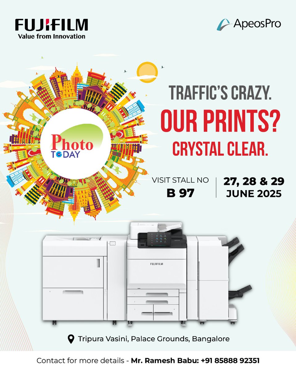 fujifilmprints1's tweet photo. Bangalore traffic may blur the roads… but never our prints!
✨ Experience unmatched clarity with Fujifilm at Photo Today 2025
📍 Stall B97 | June 27–29 | Palace Grounds
#FujifilmIndia #PhotoToday2025 #PrintWithPrecision #FujifilmApeosPro #PrintingReimagined #B97Bound https://t.co/5epq44SaXZ
