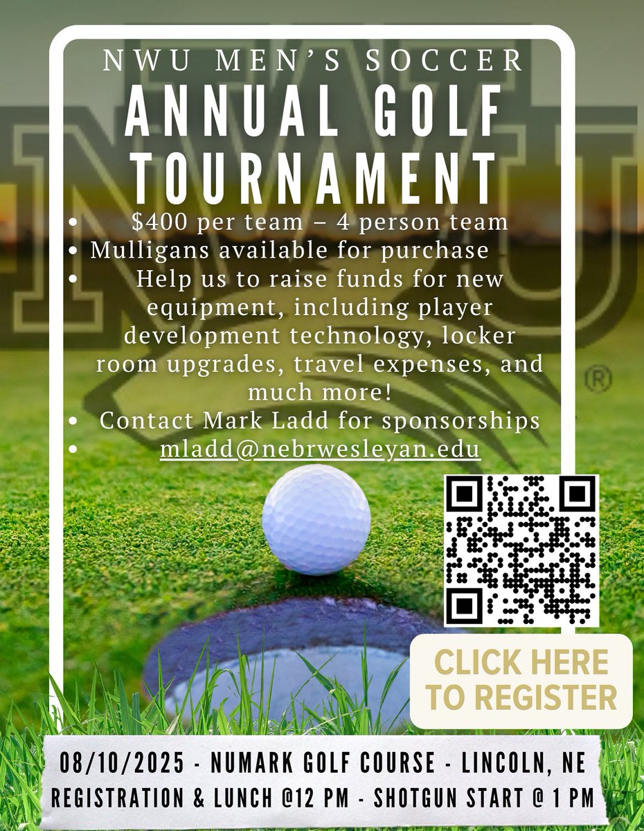 🚨SAVE THE DATE🚨

Attention NWU Soccer Friends!

Our Annual Golf Tournament is back!

Come and join us on the links and help support the NWU Men’s Soccer program!

#pwolfnation