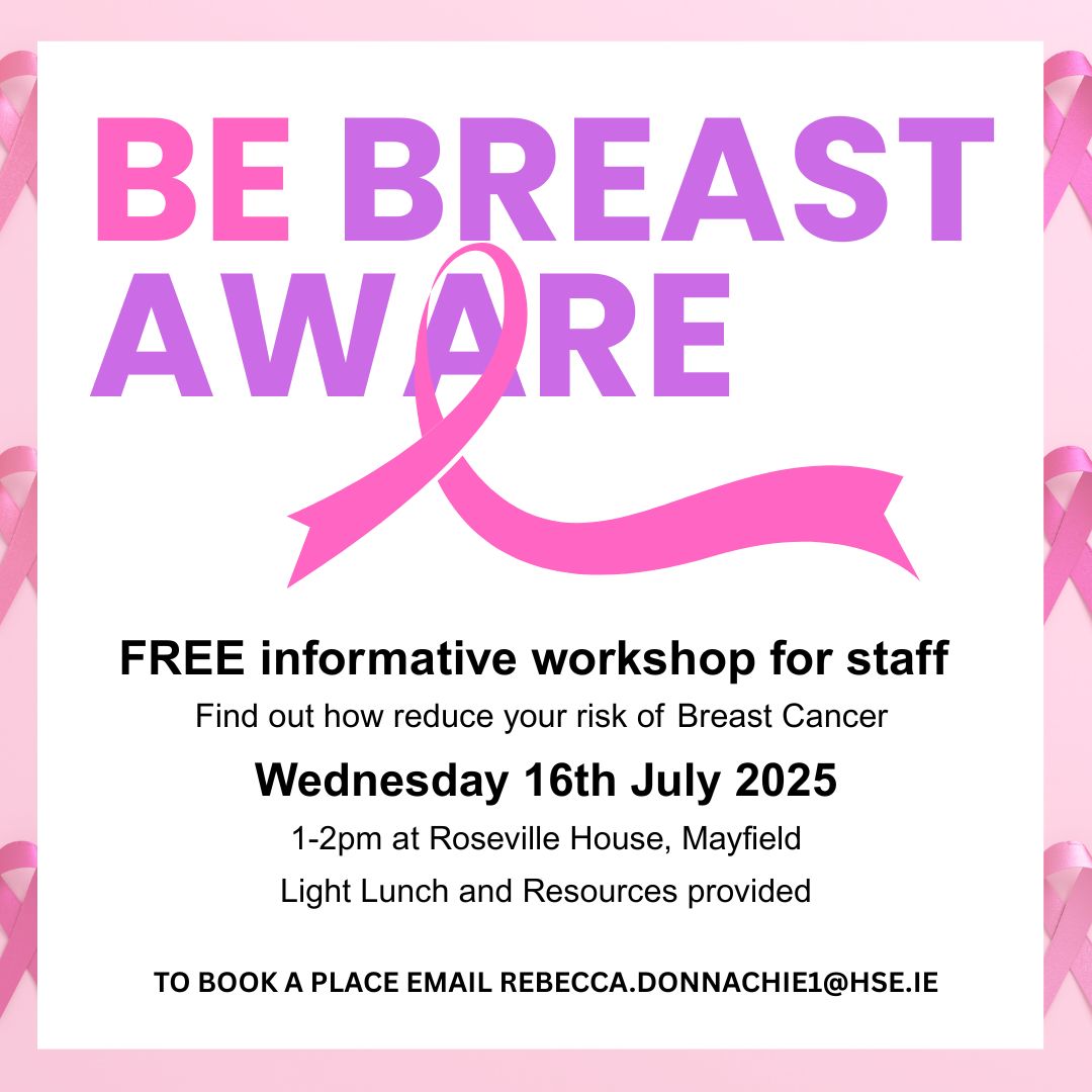 Mariodonovan08's tweet image. ♀️🩷Staff are invited to attend a #BeBreastAware FREE workshop
🗓️Wednesday, July 16
📍@ Roseville House, Mayfield 1-2pm.
📩To book email Rebecca.Donnachie1@hse.ie
Come & learn how to do Breast Self-Check
Email Shirley.oshea@hse.ie with enquires
#breastcancer
@HsehealthW