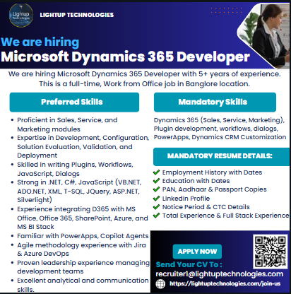 Hi,
We are hiring Microsoft Dynamics 365 Developer with 5+ years of experience. This is a full-time, Work from Office job in Bangalore location.
Please send your resume to recruiter1@lightuptechnologies.com
#MicrosoftAzure #microsoft365copilot #Jobs