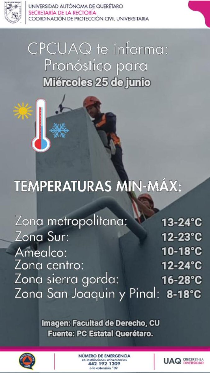 cpcuaq's tweet photo. 📝#pronósticodeltiempo  miércoles 25 de junio:
🌬️Vientos ligeros a moderados Max 25Km/h
🌥️ cielos parcialmente cubiertos
🔵Pronóstico de lluvias ligeras en las zonas metropolitana, sur y centro del Estado; chubascos en la zona serrana🌦️

#CuidémonosEnComunidad
@UAQmx @TvUAQ https://t.co/sZPgYEoFRv