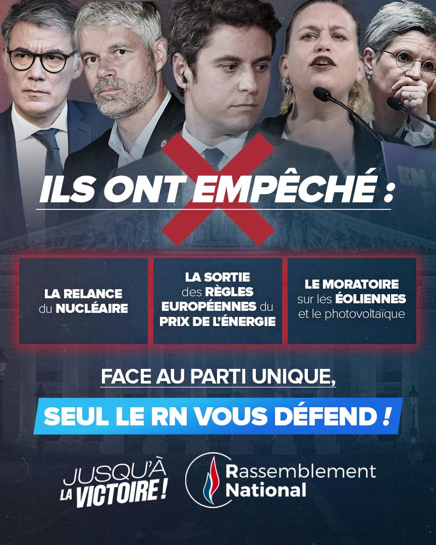 🔴 Une fois de plus, le parti unique s’est uni contre les intérêts des Français en bloquant l’adoption de la loi Gremillet !

Alors que les factures explosent, que notre souveraineté énergétique est en jeu et que l’écologie mérite mieux que des slogans, seuls les députés du