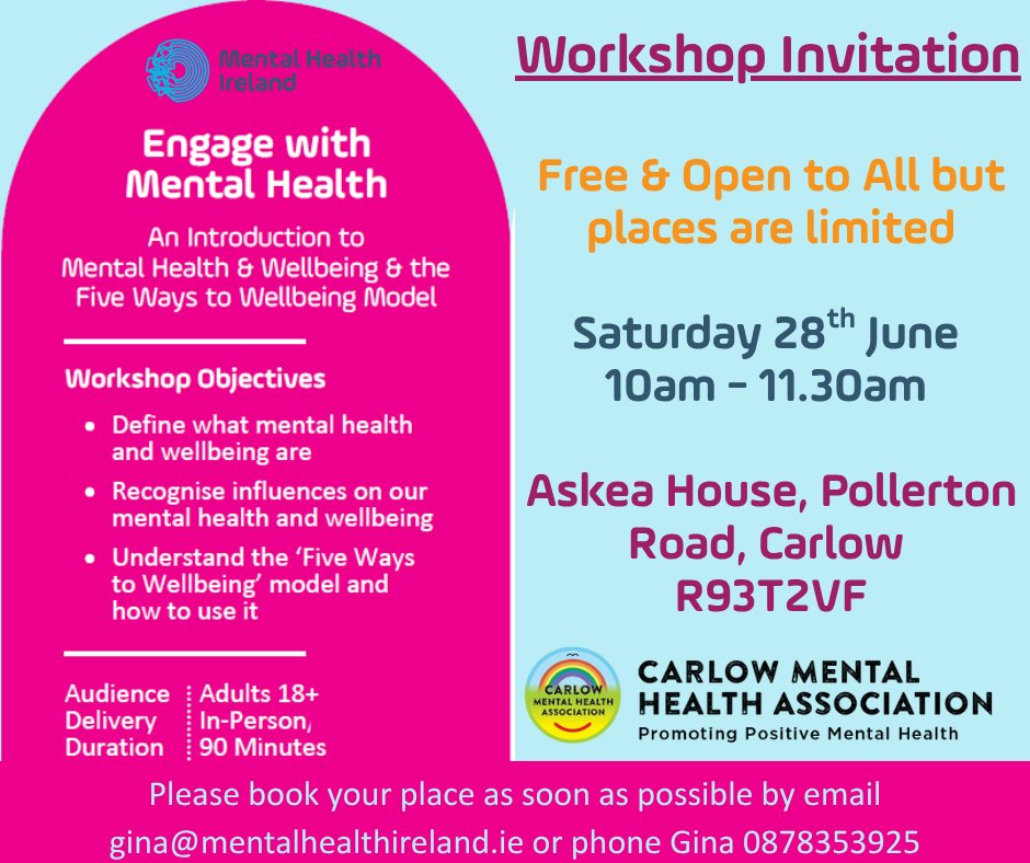 Recovery College SE (@recoveryse) on Twitter photo LAST CHANCE! 🎉 Free Mental Health workshop this Sat, June 28th, 10-11:30 AM in Carlow. Learn about wellbeing & the 'Five Ways'. Places limited!
Book now: gina@mentalhealthireland.ie or 0878353925.
#MentalHealth #Wellbeing #Carlow #FreeEvent #Ireland LAST CHANCE! 🎉 Free Mental Health workshop this Sat, June 28th, 10-11:30 AM in Carlow. Learn about wellbeing & the 'Five Ways'. Places limited!
Book now: gina@mentalhealthireland.ie or 0878353925.
#MentalHealth #Wellbeing #Carlow #FreeEvent #Ireland