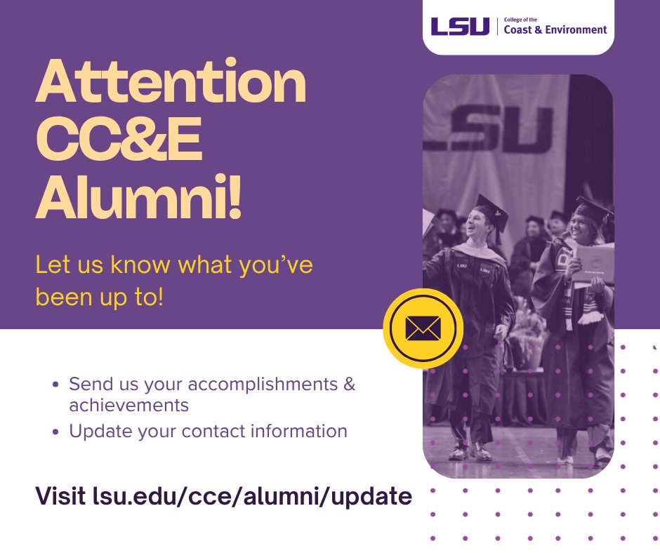 Calling all CC&amp;E Alumni - whether you are DOCS, DES or CES, we want to hear from you.

Fill out our Alumni Update Form. Let us know where you are and what you've been up to! 

Get started here: lsu.edu/cce/alumni/upd…