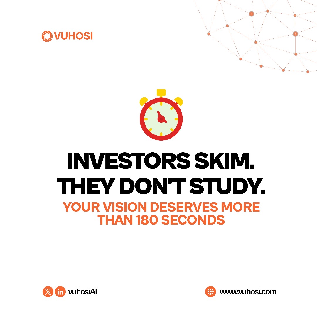 VuhosiAI's tweet photo. 🚨 Founders, your deck is just the beginning.

Most investors skim decks in under 3 minutes. That’s barely enough time to register your logo, let alone your vision.

But what if your startup could be understood beyond the slides?

💡 Vuhosi’s multi-agent AI system reviews your pitch and everything around it:
 ✅ Validates your team’s execution capacity
 ✅ Benchmarks your traction vs competitors
 ✅ Analyzes GTM strategy and market timing
 ✅ Checks investor-fit across 27 expert criteria
 ✅ Surfaces red flags before they get raised in the room

Because great startups aren't always great at pitching, and good pitches don't always mean good startups.

With Vuhosi, founders get honest, actionable insights,
 Investors get smarter, faster decisions.

🎯 Decks tell a story, We uncover the truth behind it.

#Vuhosi #StartupFunding #AIforVC #Founders #VentureCapital #DealFlow #AIcopilot