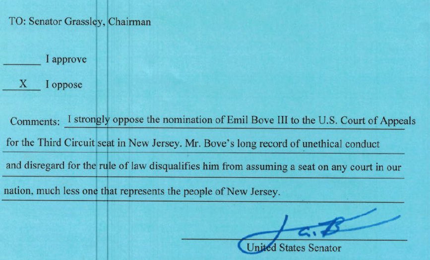 I oppose Emil Bove’s nomination to a lifetime position on the Court of Appeals.