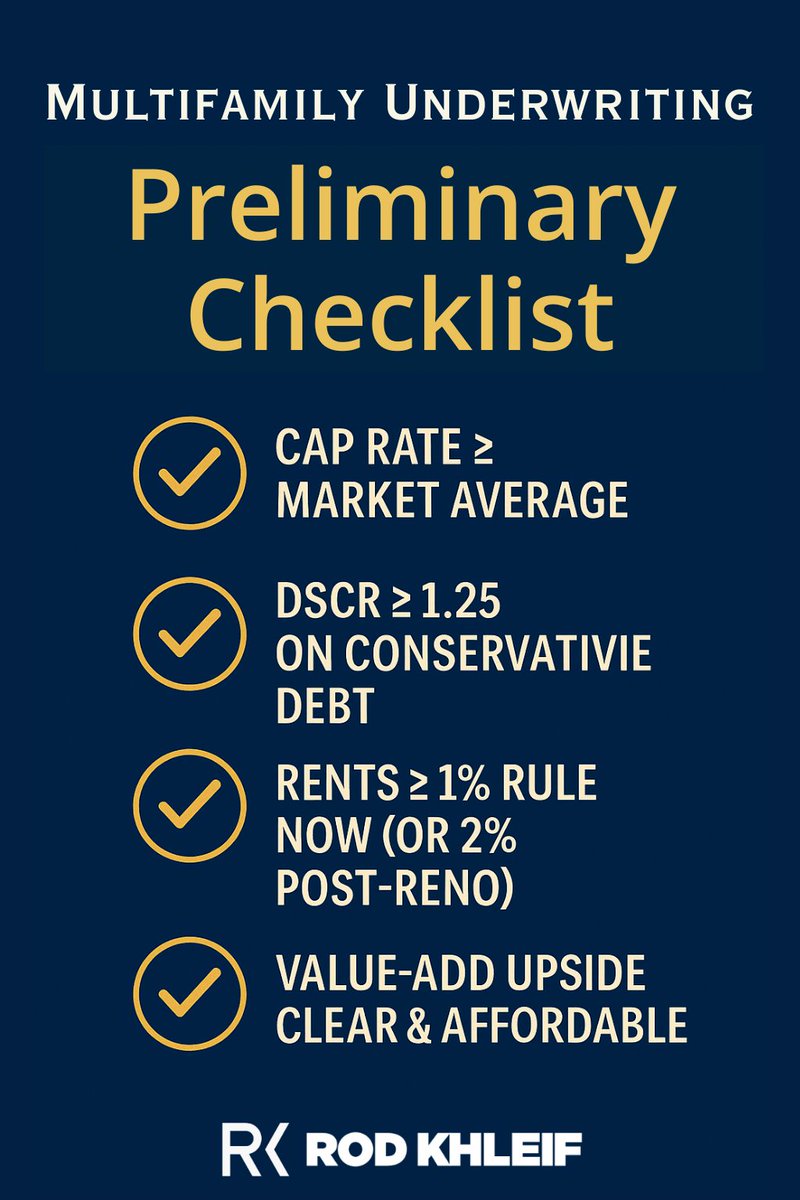 RodKhleif's tweet image. If a deal doesn’t hit these 4 marks, it’s probably not worth your time.
Start smart. Underwrite like a pro.

If you need help, check out our underwriting calculator on the Rod Khleif website.

#MultifamilyInvesting #Underwriting #RodKhleif #RealEstateTips #CashFlow