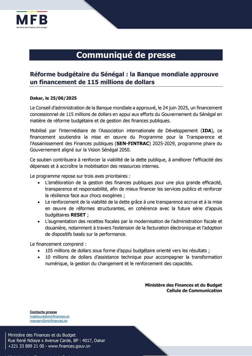Communiqué de presse 
----------
Réforme budgétaire du Sénégal : la Banque mondiale approuve un financement de 115 millions de dollars