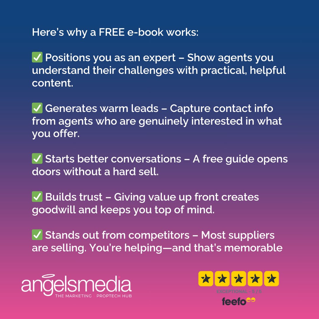 Want more leads and better engagement with estate and letting agents? 

A FREE ebook could be your best (and easiest) marketing tool.

Scroll to see why it works so well >>

Ready to plan, create, and promote your ebook like a pro?
📧 team@angelsmedia.co.uk | 📞 0208 663 4989