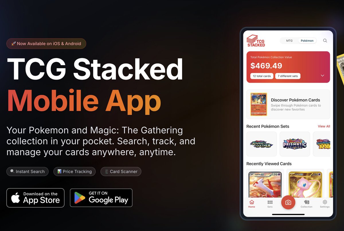 TCGStacked's tweet image. Start tracking your Pokemon and Magic: The Gathering collections with the TCG Stacked mobile app 馃檶
馃摬 Available on iOS App Store and Google Play Store
馃搱 Live prices from TCGplayer and eBay
馃摳 AI Card Scanner to quickly find cards you own
Download today! Links in the comments.