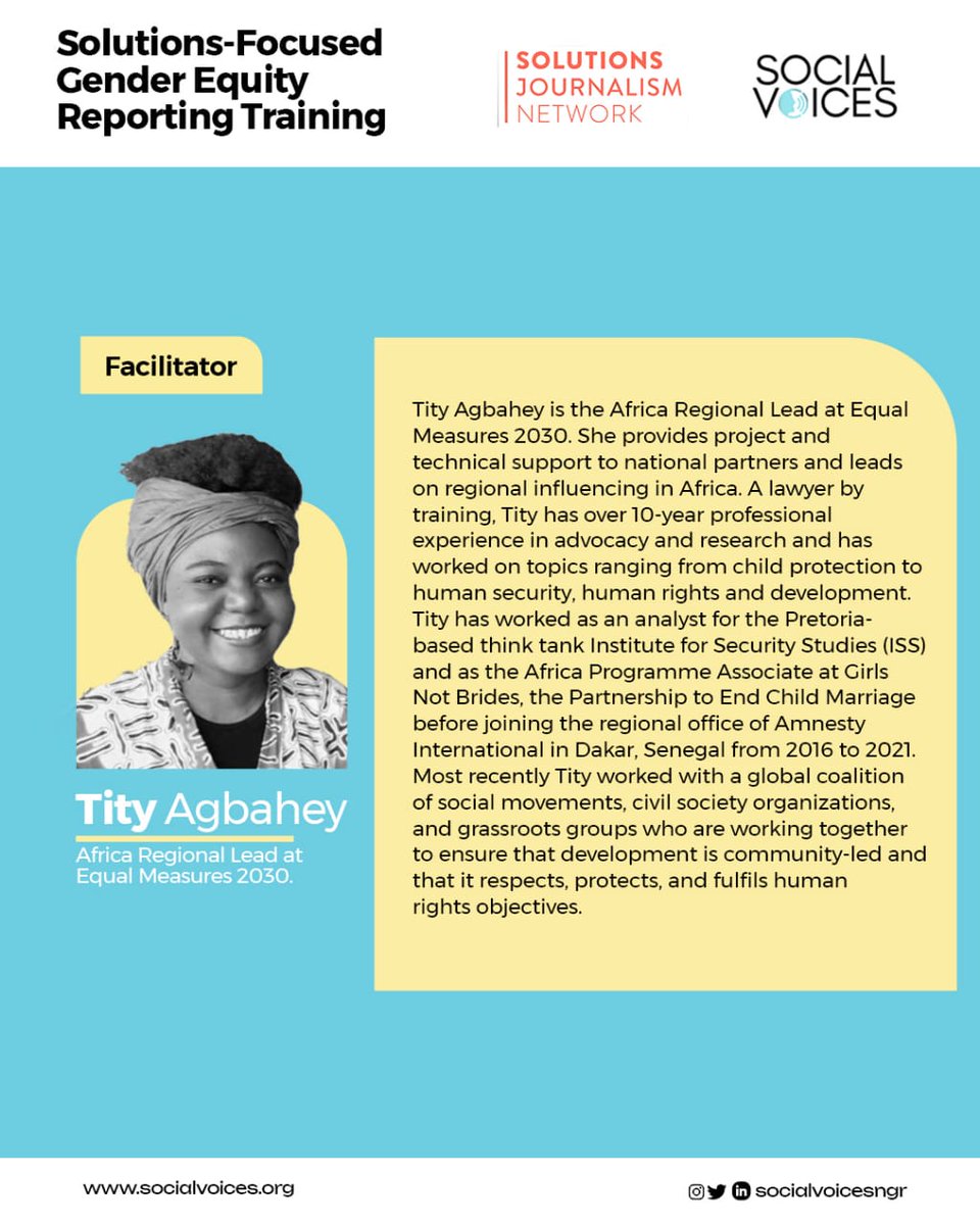 Tity Agbahey knows the power of data, advocacy, and community.

At today’s Gender Equity Reporting Training, the Africa Regional Lead at Equal Measures 2030 (@equal2030) will be showing participants how to work with the SDG Gender Index to amplify underreported gender issues.