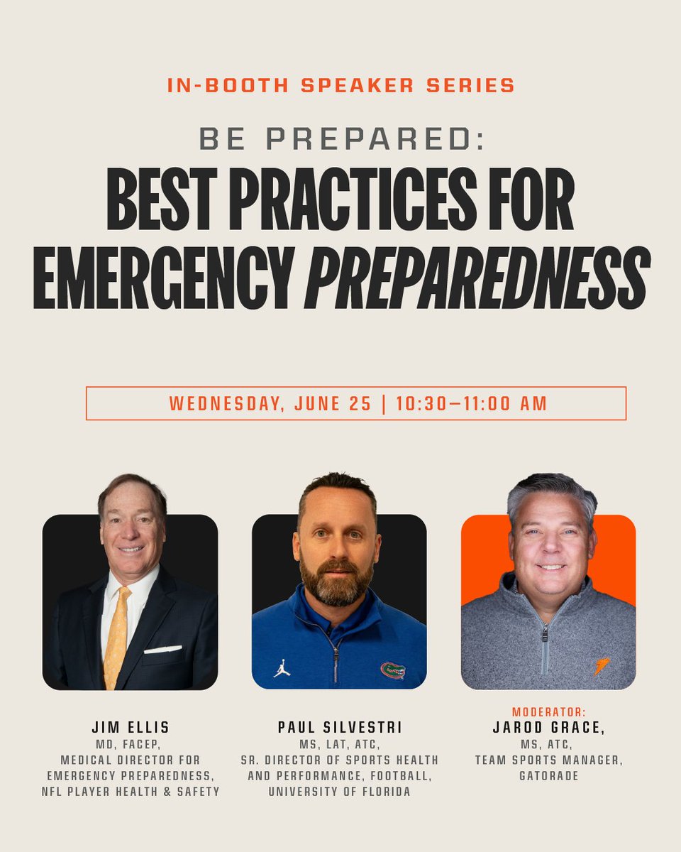 GPPartner's tweet image. 🚨#NATA2025 session: Be prepared with best practices for emergency preparedness from Jim Ellis, Medical Dir. for Emergency Preparedness, @NFL Player Health & Safety and Paul Silvestri, Sr. Dir. of Sports Health and Performance at @UF–live from our expo booth at 10:30 AM EST.