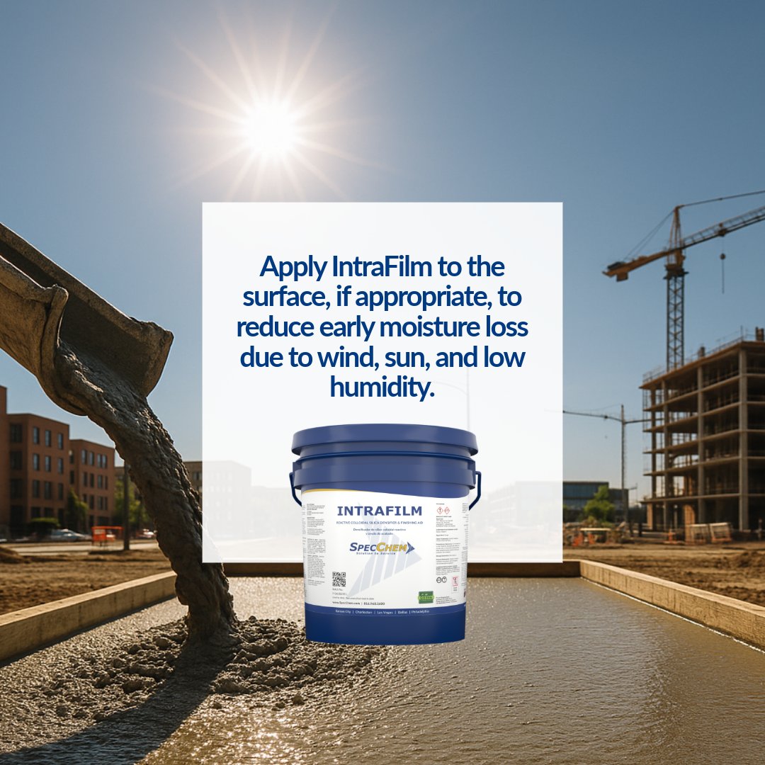 SpecChemLLC's tweet photo. Beating the heat starts before you pour. ☀️

✅ Start early
✅ Keep materials cool
✅ Pre-dampen your surface
✅ Use IntraFilm to fight moisture loss
✅ Finish strong with SpecChem curing compounds

#SpecChem #HotWeatherPlacement #ConcreteWork https://t.co/Km9p7djeHw