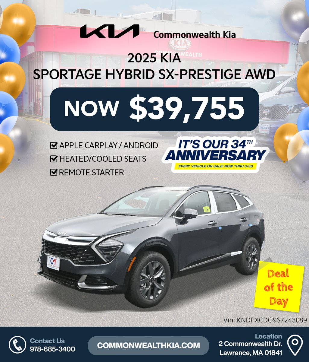 ⚡ Hybrid Power. Head-Turning Style. Huge Savings.
Right now at Commonwealth Kia, get amazing discounts on the 2025 Kia Sportage Hybrid during our 34th Anniversary Event! 🎉🚙

📍 Now available at Commonwealth Kia
🔗 commonwealthkia.com

#KiaSportage #HybridSUV