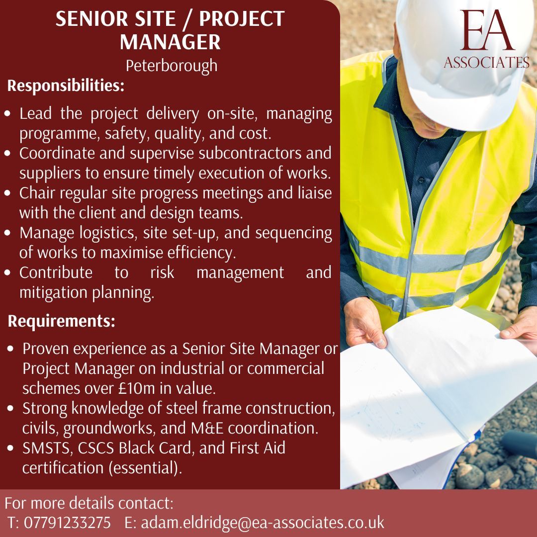 Job Alert!🧰 

Our client is seeking an experienced and driven Senior Site / Project Manager to lead the delivery of a £20 million industrial project on behalf of a  main contractor. 

If you are interested contact 07791 233275  or adam.eldridge@ea-associates.co.uk