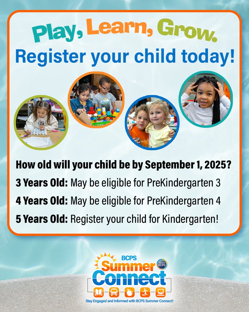 🎒 It's time for your child to play, learn, and grow with Team BCPS! Start the enrollment process as soon as possible so you can be ready for the 2025-2026 school year.
➡ bcps.org/cms/One.aspx?p…