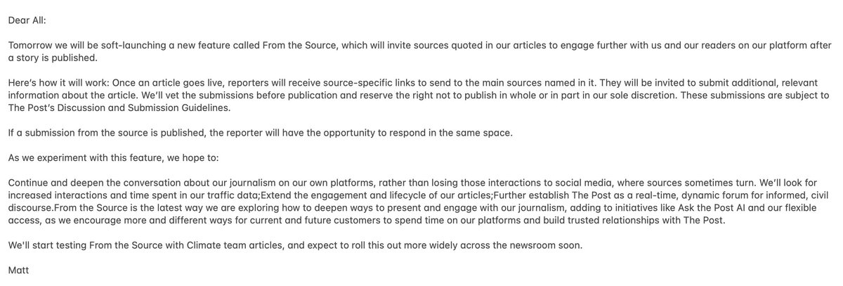 scoop — The Washington Post is piloting a program that will allow sources in its articles to annotate the stories they’re mentioned in. Here's the memo from executive editor Matt Murray: