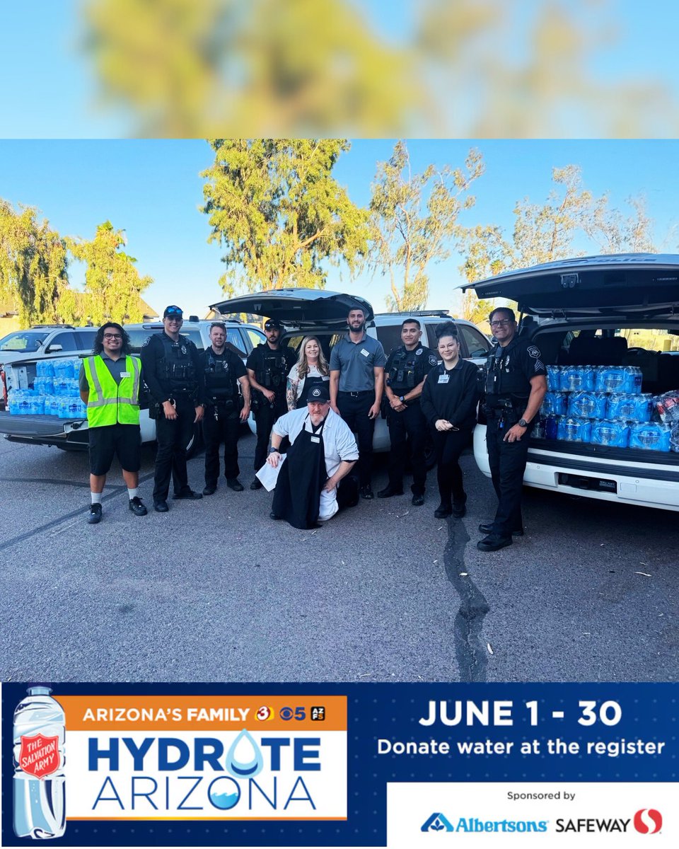 GlendaleAZPD's tweet image. Thank you Jaysha and MJ, from Albertson’s, for bringing over 70 cases of water to the Glendale Police Department. This is in partnership with the Salvation Army under a program called “Hydrate Arizona.” Remember, with rising temperatures, it is important to keep well hydrated.