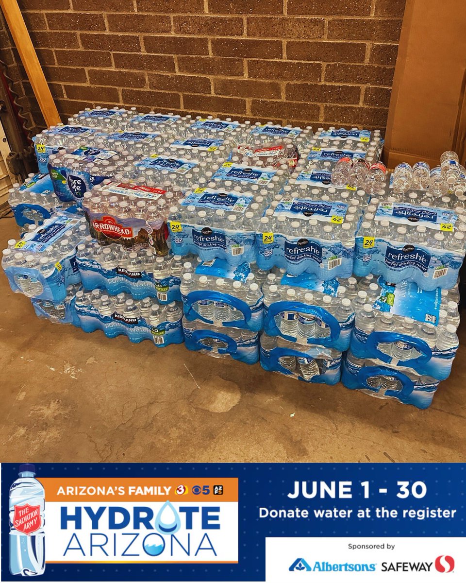 GlendaleAZPD's tweet image. Thank you Jaysha and MJ, from Albertson’s, for bringing over 70 cases of water to the Glendale Police Department. This is in partnership with the Salvation Army under a program called “Hydrate Arizona.” Remember, with rising temperatures, it is important to keep well hydrated.