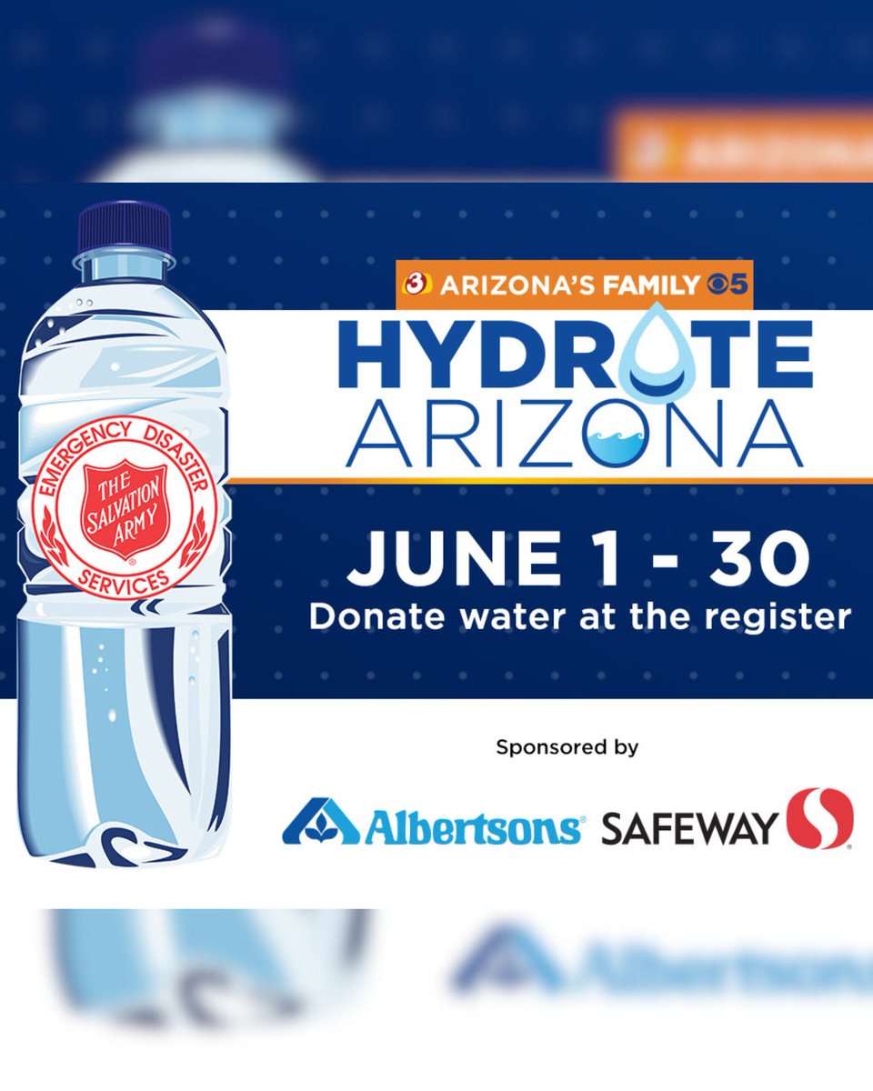 GlendaleAZPD's tweet image. Thank you Jaysha and MJ, from Albertson’s, for bringing over 70 cases of water to the Glendale Police Department. This is in partnership with the Salvation Army under a program called “Hydrate Arizona.” Remember, with rising temperatures, it is important to keep well hydrated.