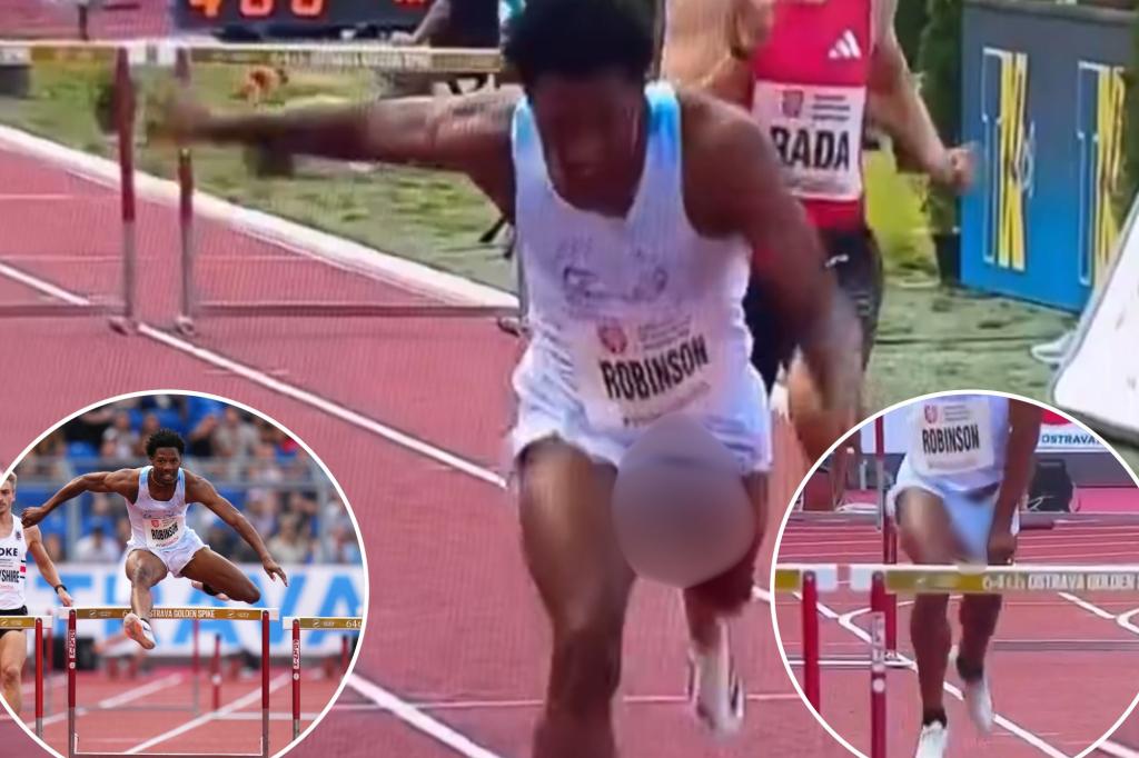 nypost's tweet photo. American sprinter Chris Robinson suffers shocking wardrobe malfunction — and still wins the race https://t.co/RM7A6OyVHy https://t.co/ilkmFf3WEK