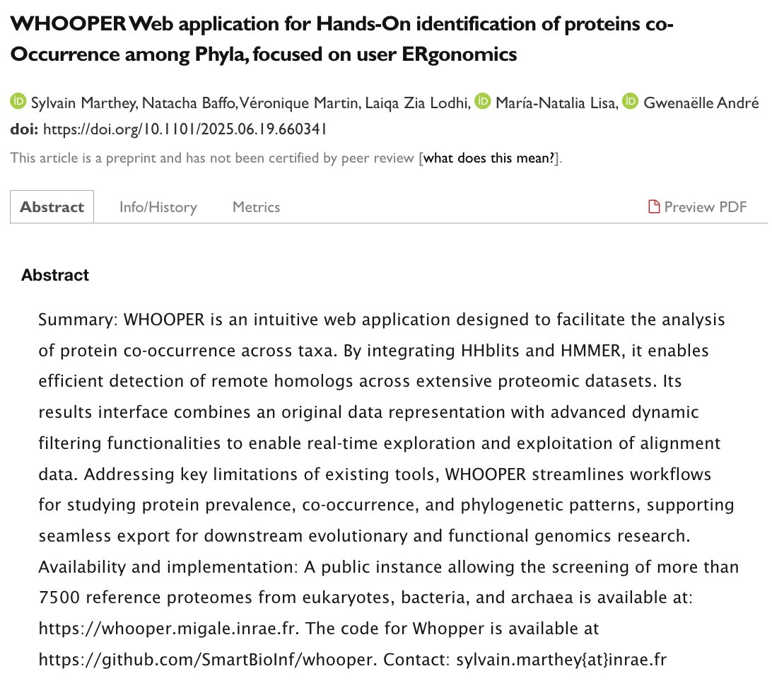 Very happy to share our latest research "WHOOPER Web application for Hands-On identification of proteins co-occurrence among Phyla, focused on user ERgonomics", now available at doi.org/10.1101/2025.0…. A collaboration with dear colleagues at <a href="/INRAE_France/">INRAE</a>.