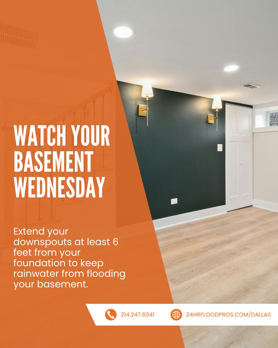 24floodprosdfw's tweet image. Protect your basement with this simple tip: ensure your downspouts extend at least 6 feet away from your foundation to prevent flooding. Need more help? Contact us today!
#BasementProtection #FloodPrevention #HomeMaintenance #WaterDrainage #FoundationSafety #PreventFlooding