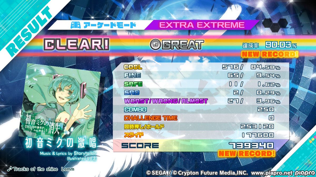 39nonamesub's tweet photo. 初音ミクの激唱紫クリア！！！
これでEX &amp;EEX全クリ！！！
5年前からずっと夢見た全クリを達成できて本当に嬉しすぎる！
ノットクリアに0の数字が書かれてるのが最高！
ふぁぼりつお願いします
ちなみにスイッチ版で32番目にクリアした人になりました https://t.co/8IcC00QWGY