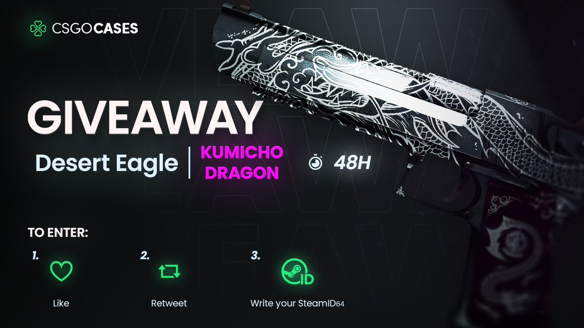csgocasescom's tweet photo. 💥Desert Eagle | Kumicho Dragon (MW) GIVEAWAY💥

How to Enter: 
💗Like
🔁Retweet
✍️Write your SteamID64

🎁Winner will be announced after 48h⏰

#cs2giveaways #cs2skins #csgocases #cs2skinsgiveaway #cs2community #giveaway #CS2Giveaway #CS2 #CounterStrike2 #CS2 https://t.co/JOUb0d56SZ