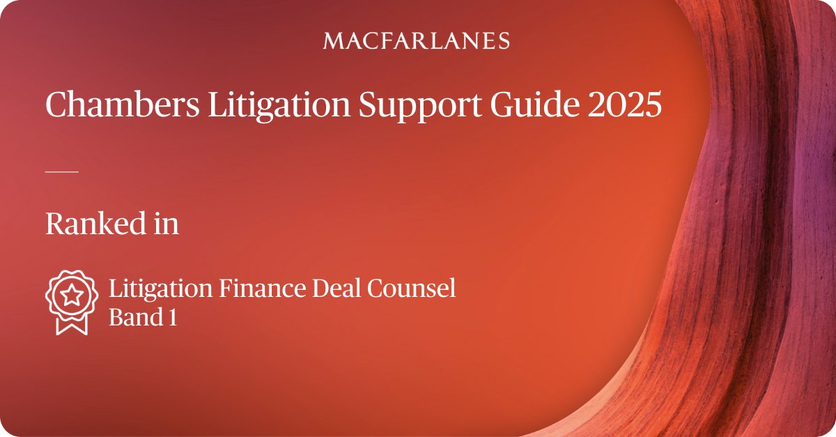 Macfarlanes LLP (@macfarlanesllp) on Twitter photo We’re proud to be ranked Band 1 in the <a href="/ChambersGuides/">Chambers and Partners</a> Litigation Support Guide 2025 for Litigation Finance Deal Counsel.
Congratulations to the team for this well-deserved achievement.
#Litigation #LitigationFunding #Chambers We’re proud to be ranked Band 1 in the <a href="/ChambersGuides/">Chambers and Partners</a> Litigation Support Guide 2025 for Litigation Finance Deal Counsel.
Congratulations to the team for this well-deserved achievement.
#Litigation #LitigationFunding #Chambers