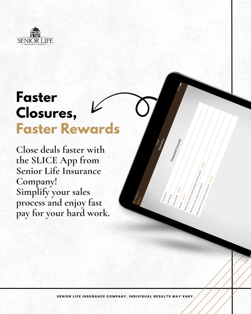 SeniorLifeInsCo's tweet image. 🚀 Close deals in record time with the SLICE App!
Simplify your workflow and get paid faster for your hustle.
It’s your time—make it count. 
#SeniorLife #SLICEApp #InsuranceSales #AgentLife #SeniorLifeAllYourLife