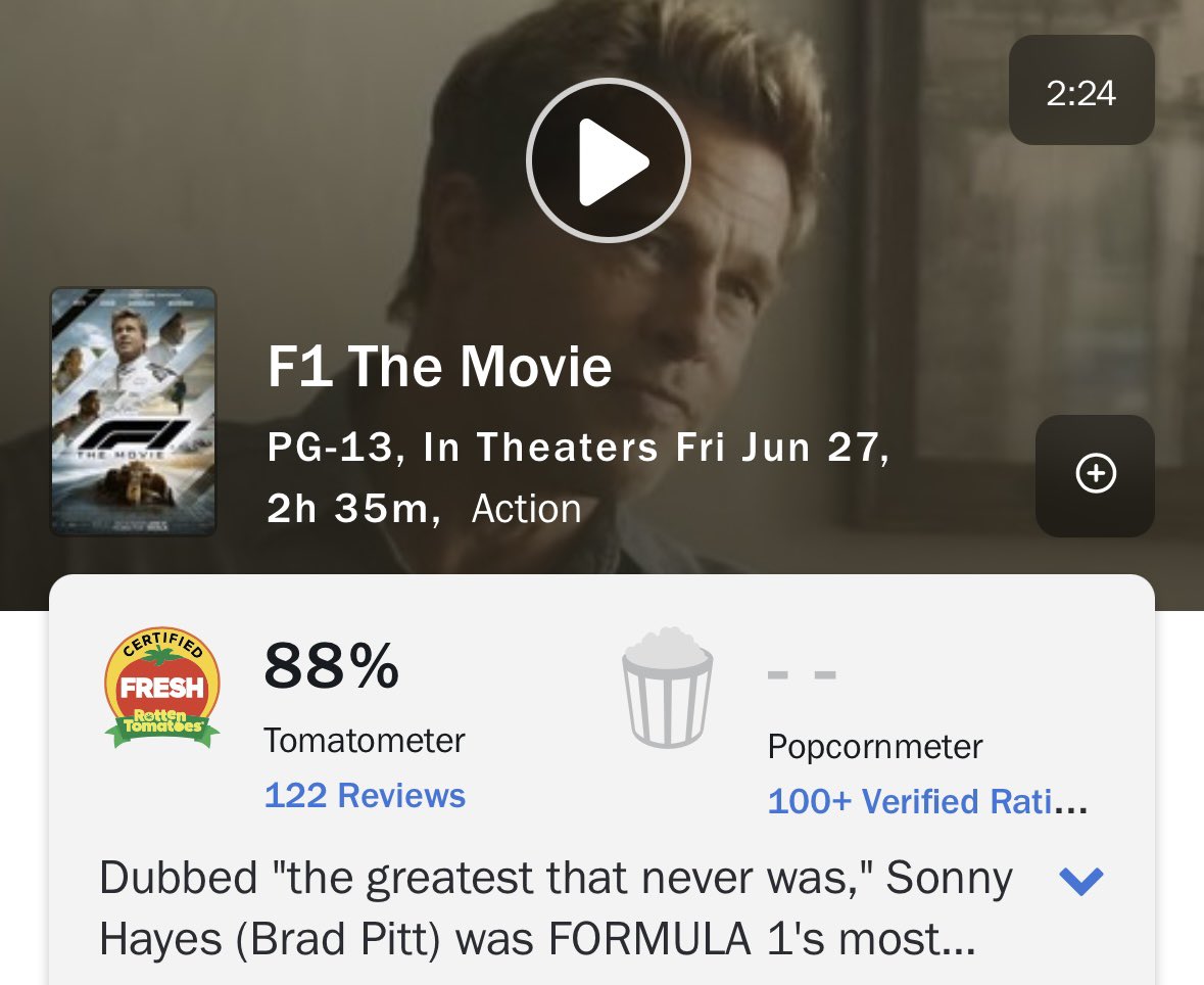 Davey Jon (@daveyjonporter) on Twitter photo #F1TheMovie debuts with an 88% criticâs score.
Demands to be seen on the big screen!
#AMC
<a href="/AMCTheatres/">AMC Theatres</a> #F1TheMovie debuts with an 88% criticâs score.
Demands to be seen on the big screen!
#AMC
<a href="/AMCTheatres/">AMC Theatres</a>