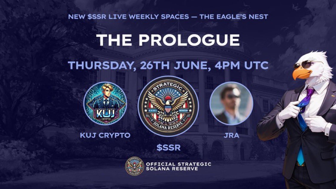 Join us Thursday 26th June, 4PM UTC on the new $SSR weekly spaces: The Eagle's Nest 🦅

Expanding talks across the $SOL ecosystem and beyond, which have hosted projects such as $BERT &amp; $JELLYJELLY

Tomorrow, <a href="/JRA_xyz/">JRA</a> &amp; me introduce the weekly AMA, give project updates + more 🔥