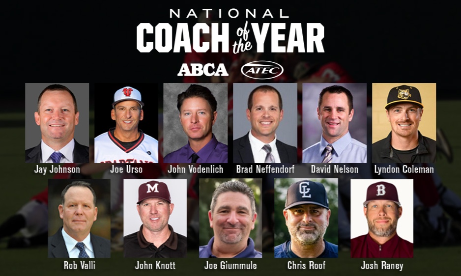 🚨 2025 National Coaches of the Year Announced! 🚨
The ABCA and ATEC are proud to honor these 12 coaches as the 2025 ABCA/ATEC National Coaches of the Year across all collegiate and high school divisions: 

🏆 NCAA Div. I: Jay Johnson, LSU
🏆 NCAA Div. II: Joe Urso, Tampa (FL)
🏆