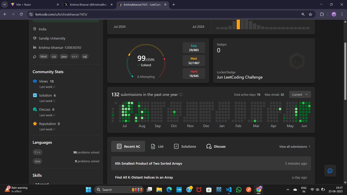 KrishnaBha35498's tweet image. Thankfully handling both dev and dsa equally lets hope i will be consistent in both u
#dsa2025 #webdev #software #IT #DeveloperLife #LearnInPublic #leetcode