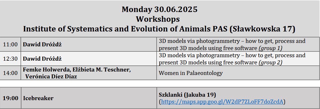 Today's schedule: Monday 30th = Workshops

Explore photogrammetry, IP protection, improv for sci comm, + women’s voices in palaeo! 
eavp2025.wixsite.com/eavp2025/copia…

#EAVP2025 #PalaeoWorkshops