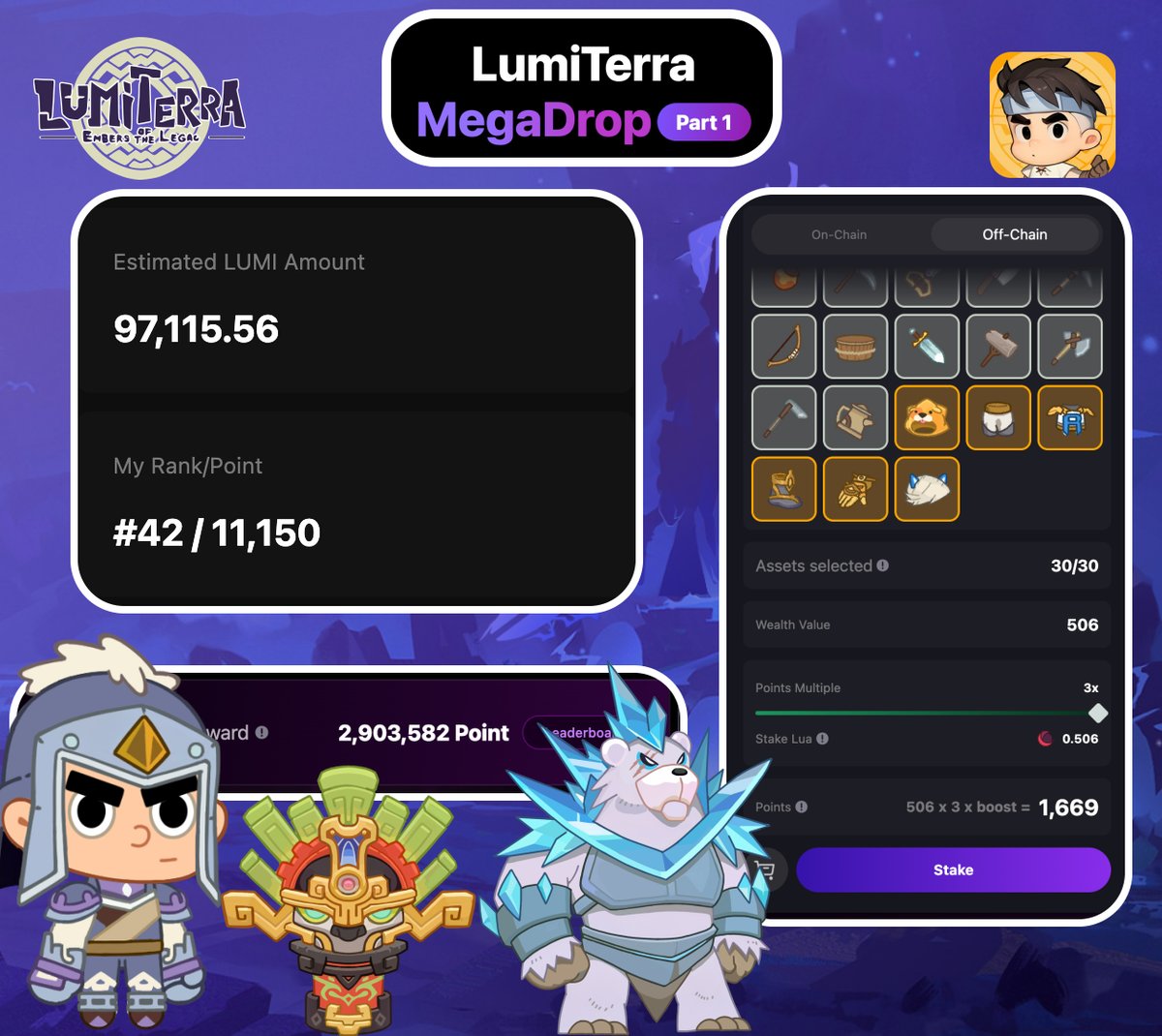 🚨 <a href="/LumiterraGame/">Lumiterra</a> X <a href="/Ronin_Network/">Ronin</a> 🚨

MegaDrop of $LUMI is live at megadrop.lumiterra.net 🔥

✨ Go stake your Game Assert On-chain / Offchain
✨ Remember the Daily claim of Lumi Fragments ? they have points
✨ Valid staking Box &amp; Yap about $LUMI &amp; <a href="/LumiterraGame/">Lumiterra</a> 

Guide
✨