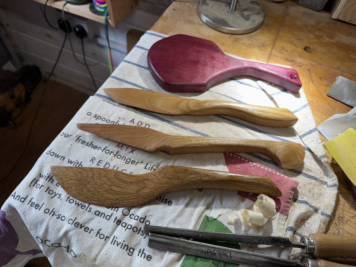 A few designs for knives to remove wax from skin… I think the one in the foreground will be the style I choose going forward… wax players, let me know what you think 🙂

Also, a purpleheart #spanking paddle ready to go to its new home. If you want it, please message me here 😈