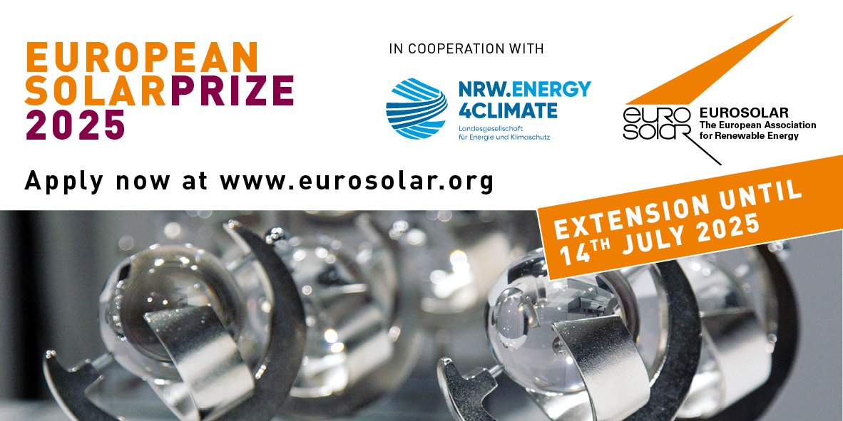 The application phase for the European Solar Prize has been extended until 14th July 2025!
We are looking to recognise and honour the most innovative projects in the energy transition across Europe at the European Solar Prize 2025.
Apply now!
eurosolar.org/application-fo…