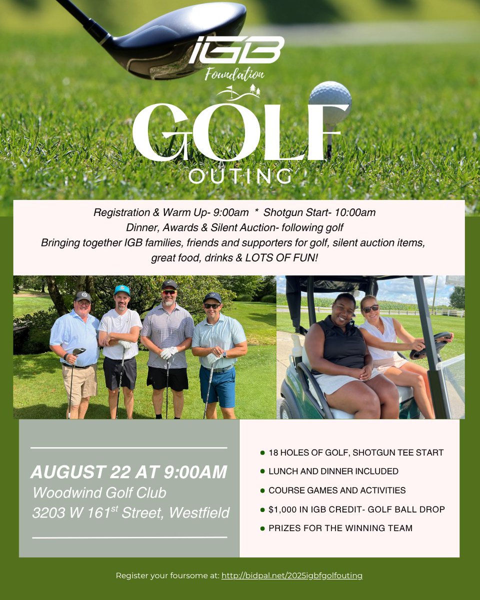 IGB Foundation (@igb_foundation) on Twitter photo Don't miss out on the our 4th ANNUAL GOLF OUTING.
🏌️♂️Register your foursome NOW!
(Hole and Event sponsorships available)
📅Friday, August 22
⛳️Woodwind Golf Club, Westfield IN
👉one.bidpal.net/2025igbfgolfou…
<a href="/IGB_Hoops/">Indiana Girls Basketball</a> Don't miss out on the our 4th ANNUAL GOLF OUTING.
🏌️♂️Register your foursome NOW!
(Hole and Event sponsorships available)
📅Friday, August 22
⛳️Woodwind Golf Club, Westfield IN
👉one.bidpal.net/2025igbfgolfou…
<a href="/IGB_Hoops/">Indiana Girls Basketball</a>