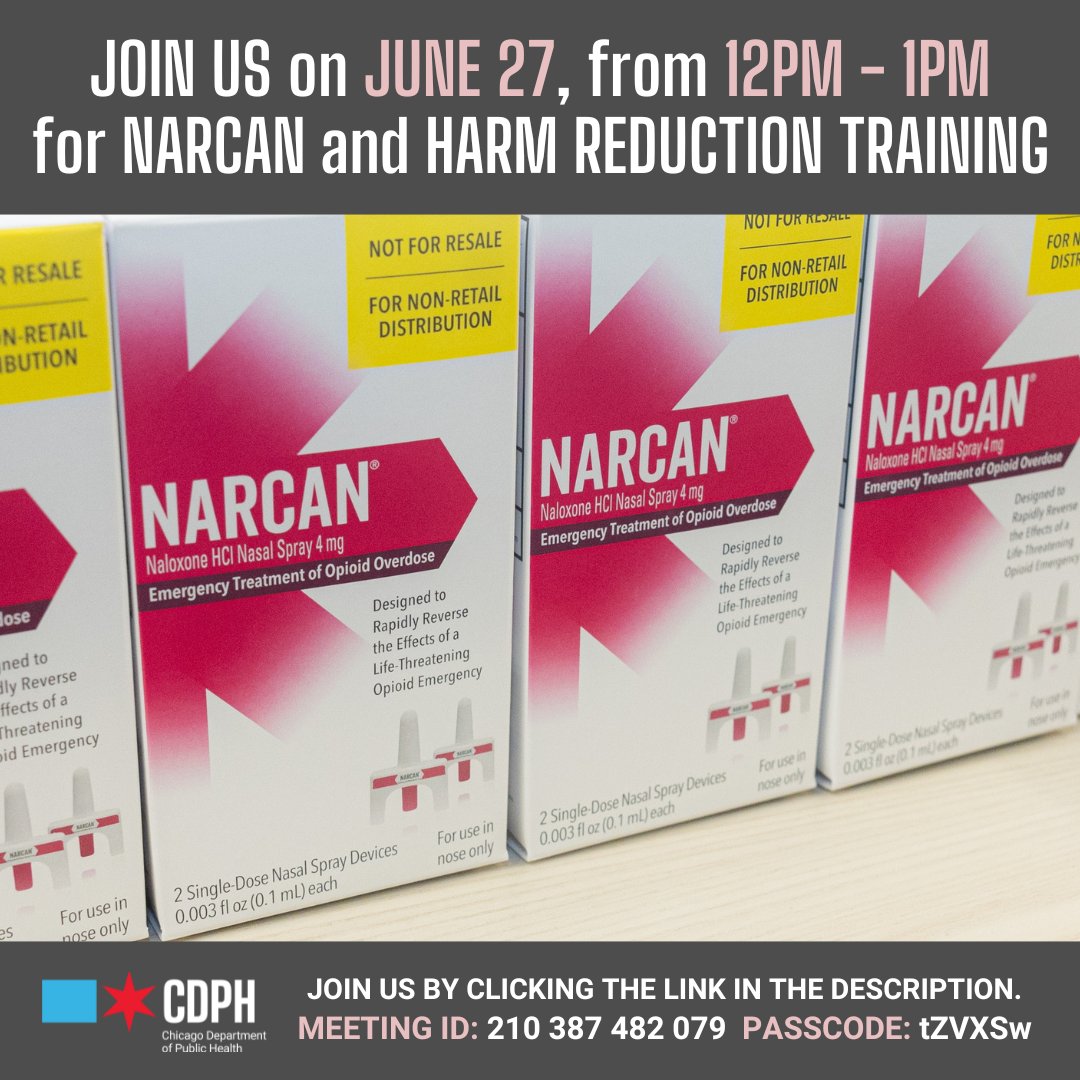 ChiPublicHealth's tweet image. DYK where Narcan can be accessed?
✅ Yes
☑️ No
You can learn the answer to this question, about preventing an overdose, administering Narcan®, and more during a free harm reduction training this Friday at 12 PM: chi.gov/4en1lvE
#HarmReduction #Narcan