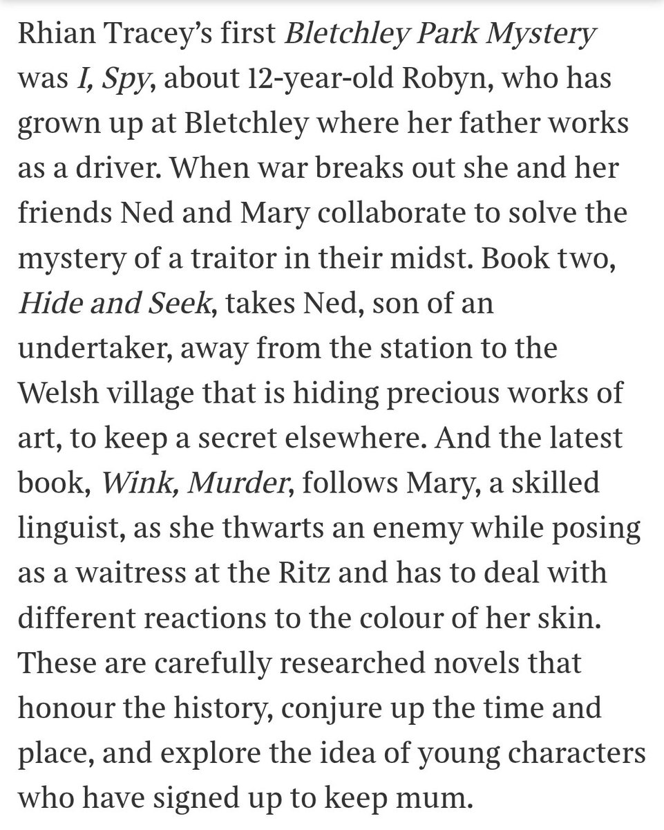 Rhian Mair Tracey (@rhiantracey) on Twitter photo Honoured that THE <a href="/NicoletteJones/">Nicolette Jones</a> has selected the #BletchleyParkMystery series in this week's <a href="/thetimes/">The Times and The Sunday Times</a>
"These are carefully researched novels that honour the history, conjure up the time and place, and explore the idea of young characters who have signed up to keep mum." Honoured that THE <a href="/NicoletteJones/">Nicolette Jones</a> has selected the #BletchleyParkMystery series in this week's <a href="/thetimes/">The Times and The Sunday Times</a>
"These are carefully researched novels that honour the history, conjure up the time and place, and explore the idea of young characters who have signed up to keep mum."