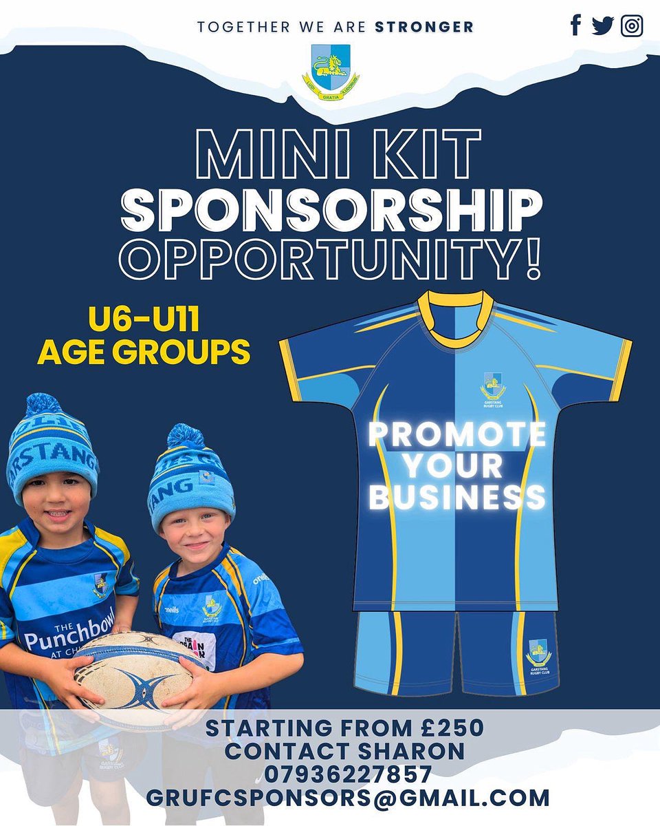 EXCITING OPPORTUNITY!!!
@garstangrugby have a unique opportunity for local Businesses to get involved in. 
We are looking for sponsors for our junior sections kit U6-U11. Your company logo on our junior section kit which will be displayed to a huge ordinance across the county.