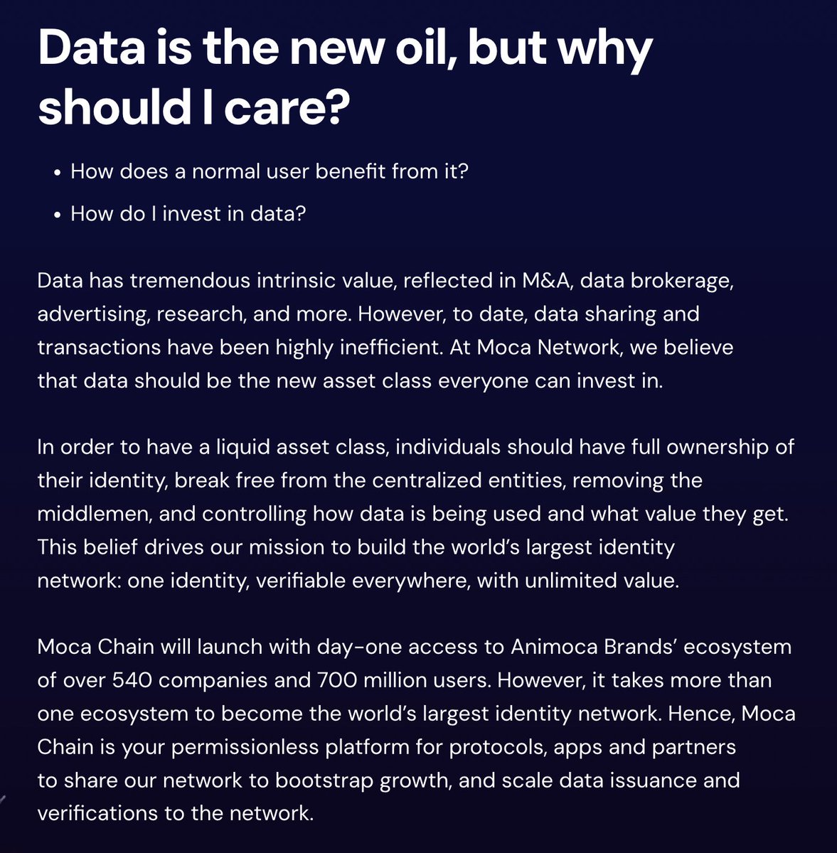 Today, it marks the day where we begin a new chapter of MOCA

We strongly believe that data will be the new asset class and will be tokenized via $MOCA - owning $MOCA = owning data

It's a different concept than owning data in a database. On the contrary, it's owning data by