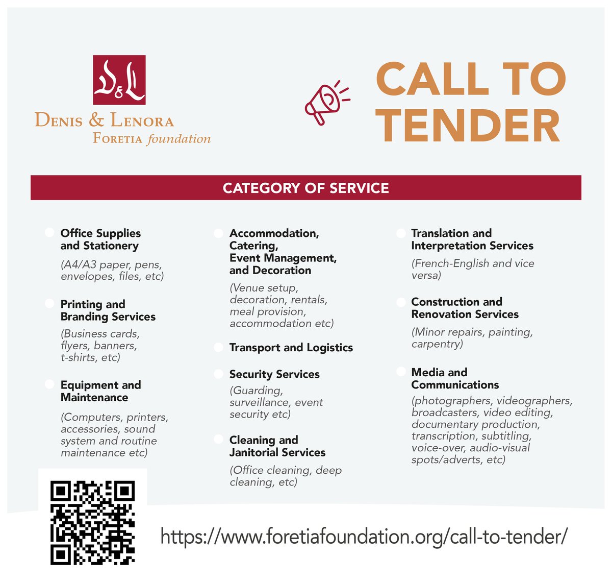 Foretia Foundation (@foretiafound) on Twitter photo The <a href="/ForetiaFound/">Foretia Foundation</a> is registering vendors in 11 categories, from office supplies to event services, media, translation & more.
📍Yaoundé
🗓️ Apply by July 18, 2025
📌 Open to individuals & companies
Submit your expression of interest now! foretiafoundation.org/call-to-tender/
#procurementjobs The <a href="/ForetiaFound/">Foretia Foundation</a> is registering vendors in 11 categories, from office supplies to event services, media, translation & more.
📍Yaoundé
🗓️ Apply by July 18, 2025
📌 Open to individuals & companies
Submit your expression of interest now! foretiafoundation.org/call-to-tender/
#procurementjobs