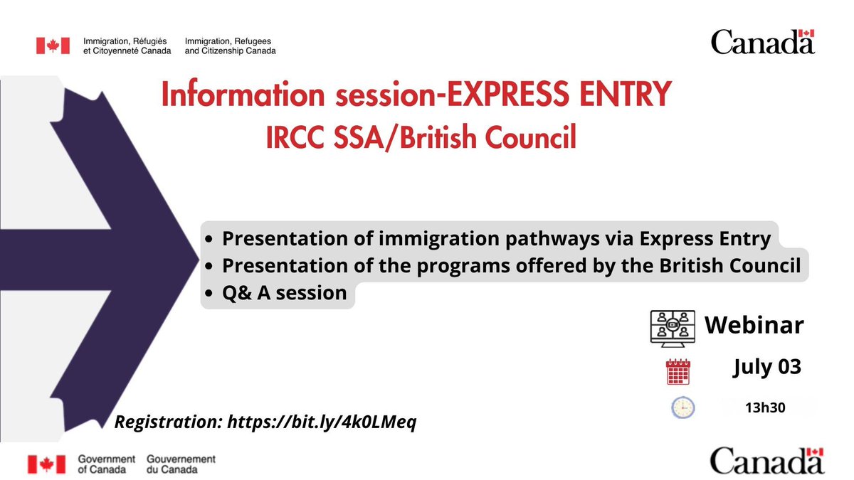 #ExpressEntry:    Join our information session on July 03 at 1:30 pm on the permanent immigration process with #ExpressEntry (outside Quebec), + detailed presentation of the British Council's programmes. Registration required and spaces is limited  bit.ly/3HIqW66